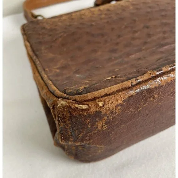 Vintage Beverly Bag Full Quill Ostrich Frame Purse Brown Ireland Distressed - Picture 11 of 12